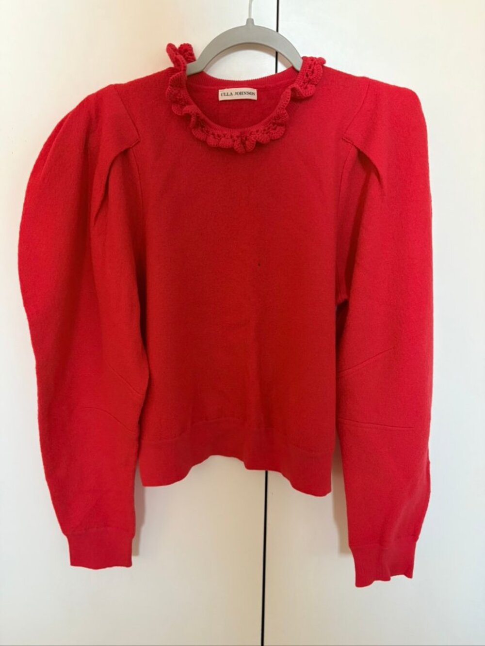 Ulla Johnson Red Merino Wool Puff Sleeve Sweater Crochet Neck M